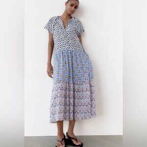 NWOT Zara Patchwork style tiered geometric print  Cotton Dress